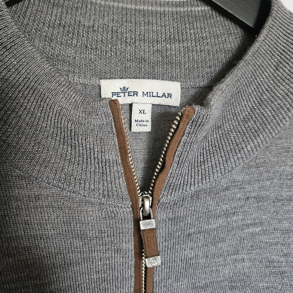 Peter Millar Autumn Crest Suede Trim Quarter Zip XL British Grey Merino Wool - Picture 2 of 9